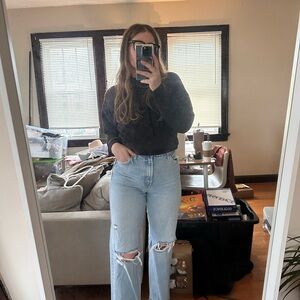 Zara Sky Blue Distressed Straight Jeans